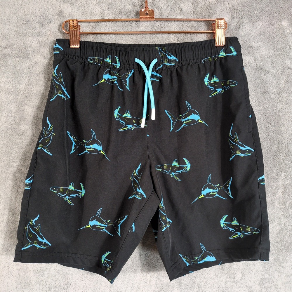 Maamgic Boys Shark Print Swim Trunks Black Blue Size‎ 14/16 Kids Board Shorts